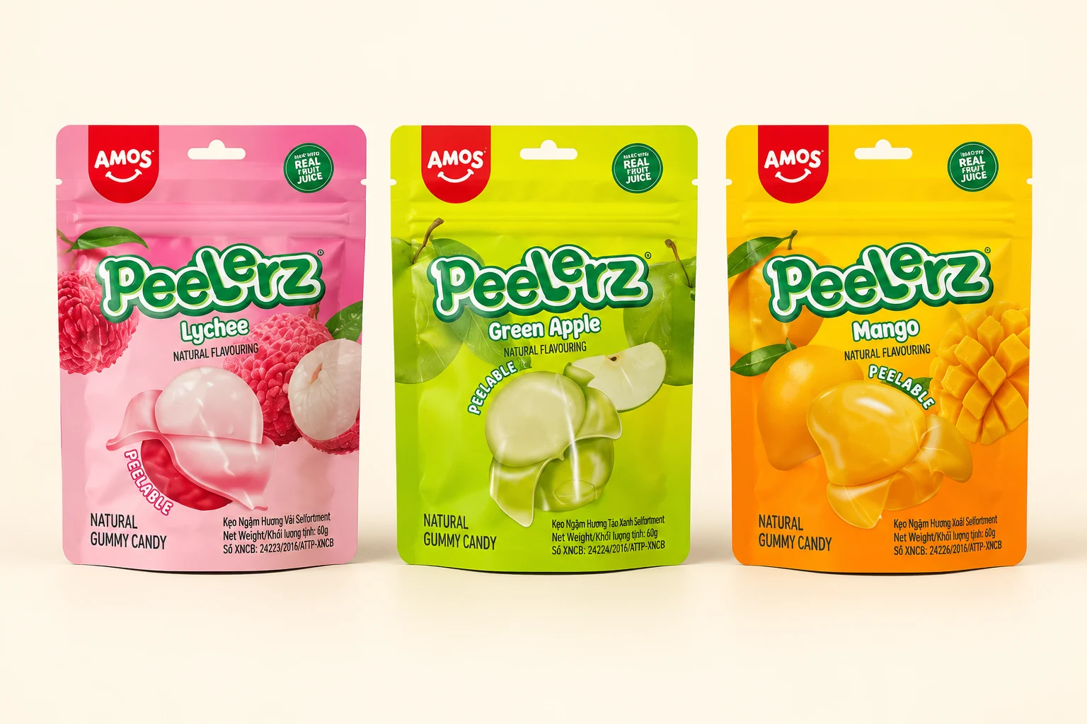 AMOS Peelerz in den Sorten Litschi, grüner Apfel und Mango – Produktfoto mit bearbeitetem Hintergrund