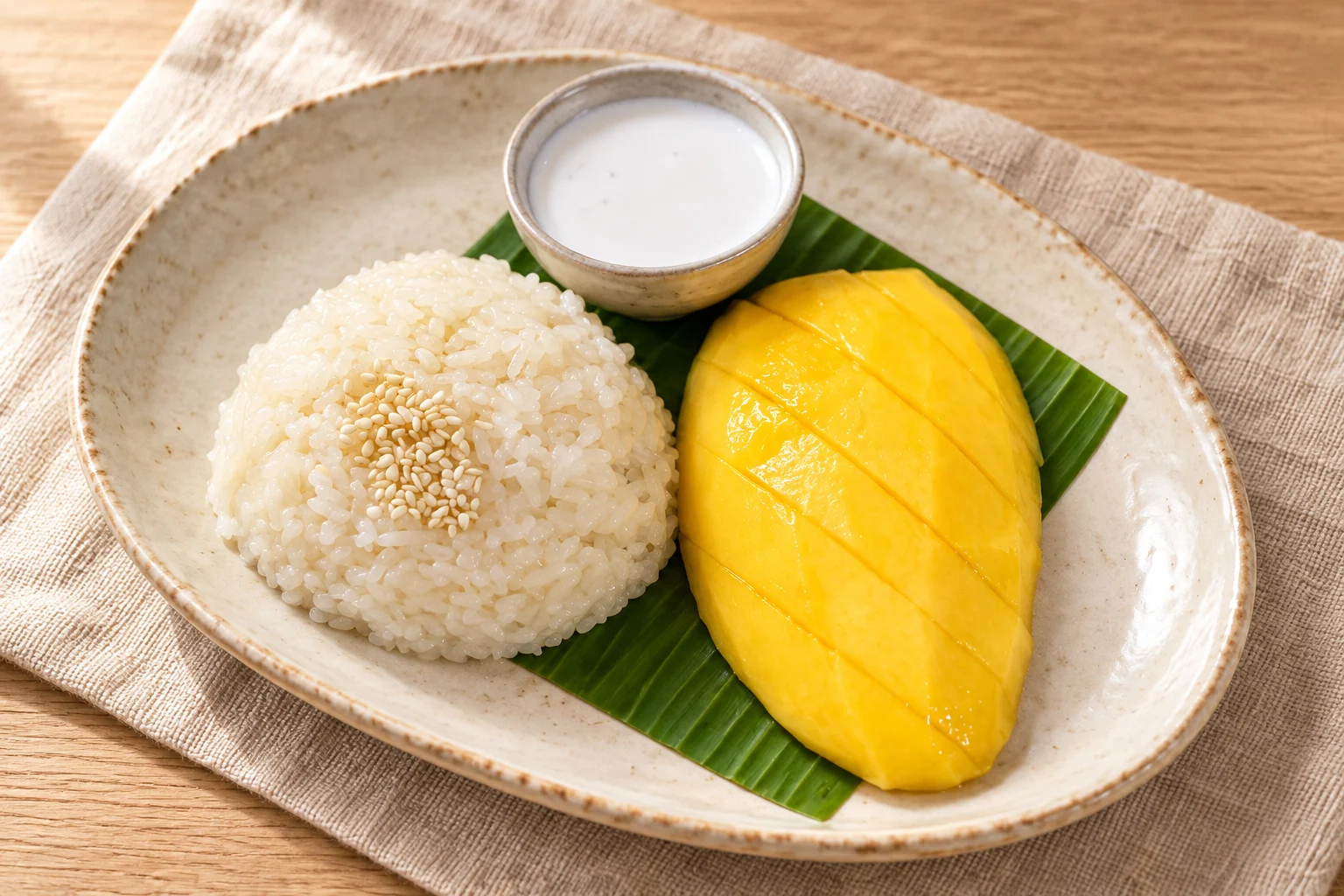 Mango mit Kokos-Klebreis – KI-bearbeitete Rezeptillustration